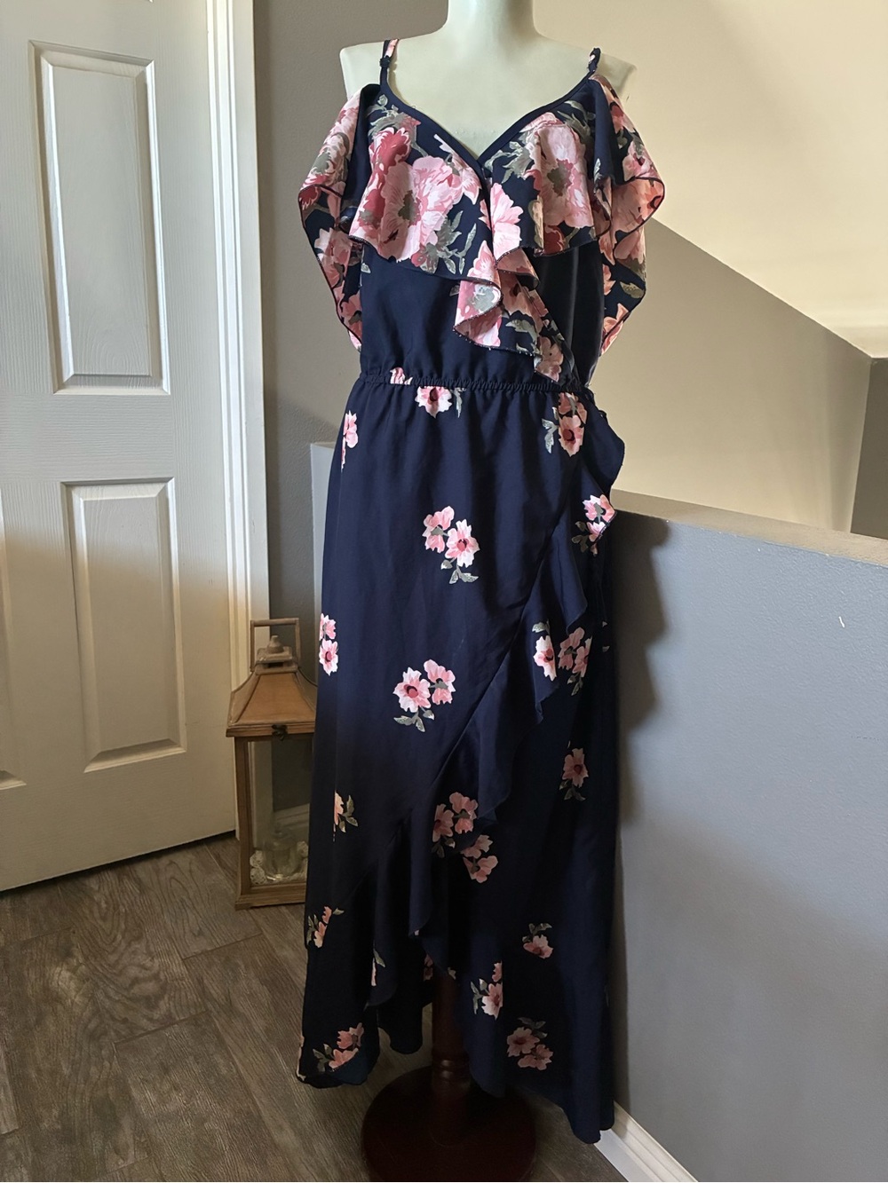 Hint of Blush Navy Blue Floral Off-Shoulder High-Low Maxi Dress Size L